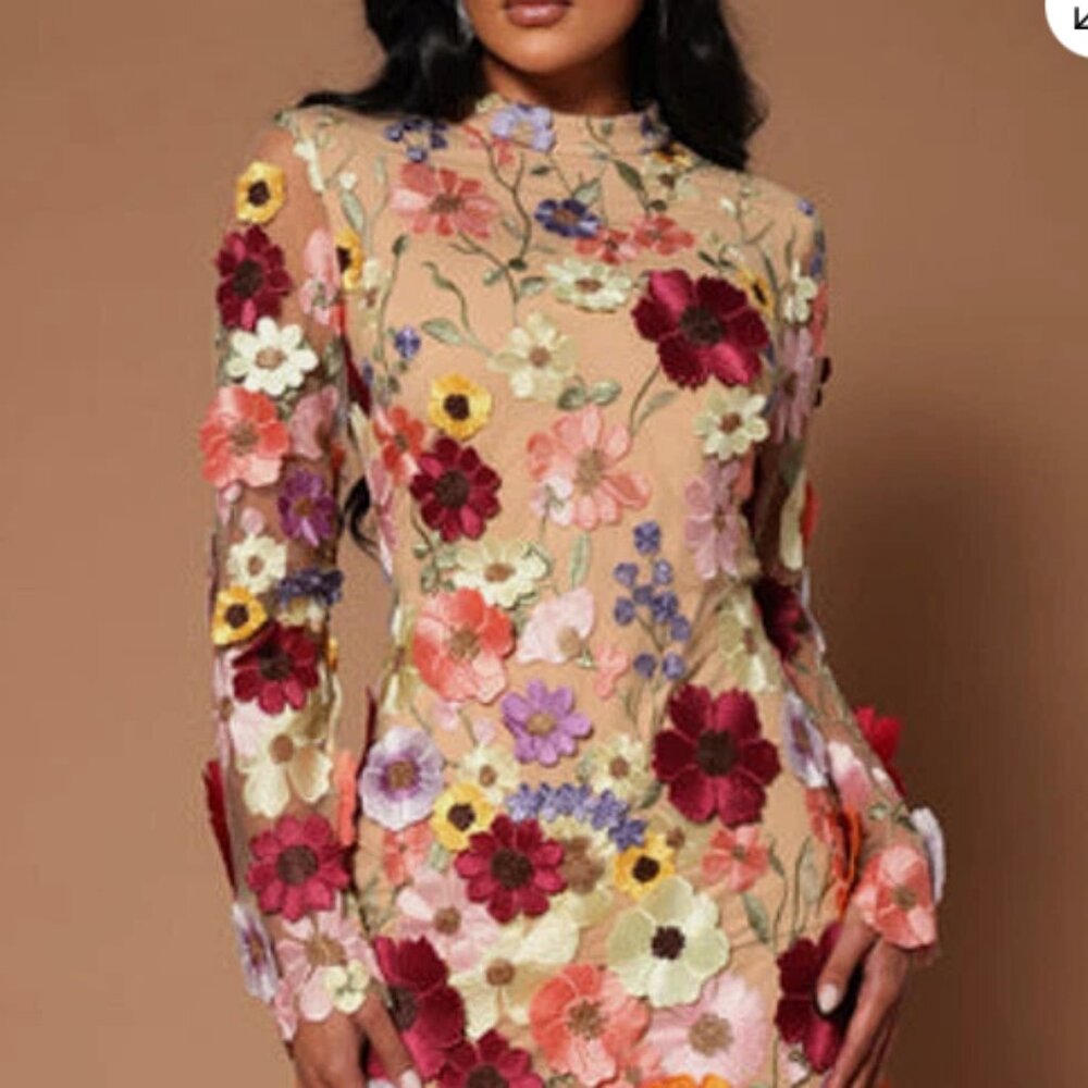 Inspired by Taylor Swift's Floral Appliqué Grammy Dress! Boho Mini Fairycore SM - Picture 3 of 16